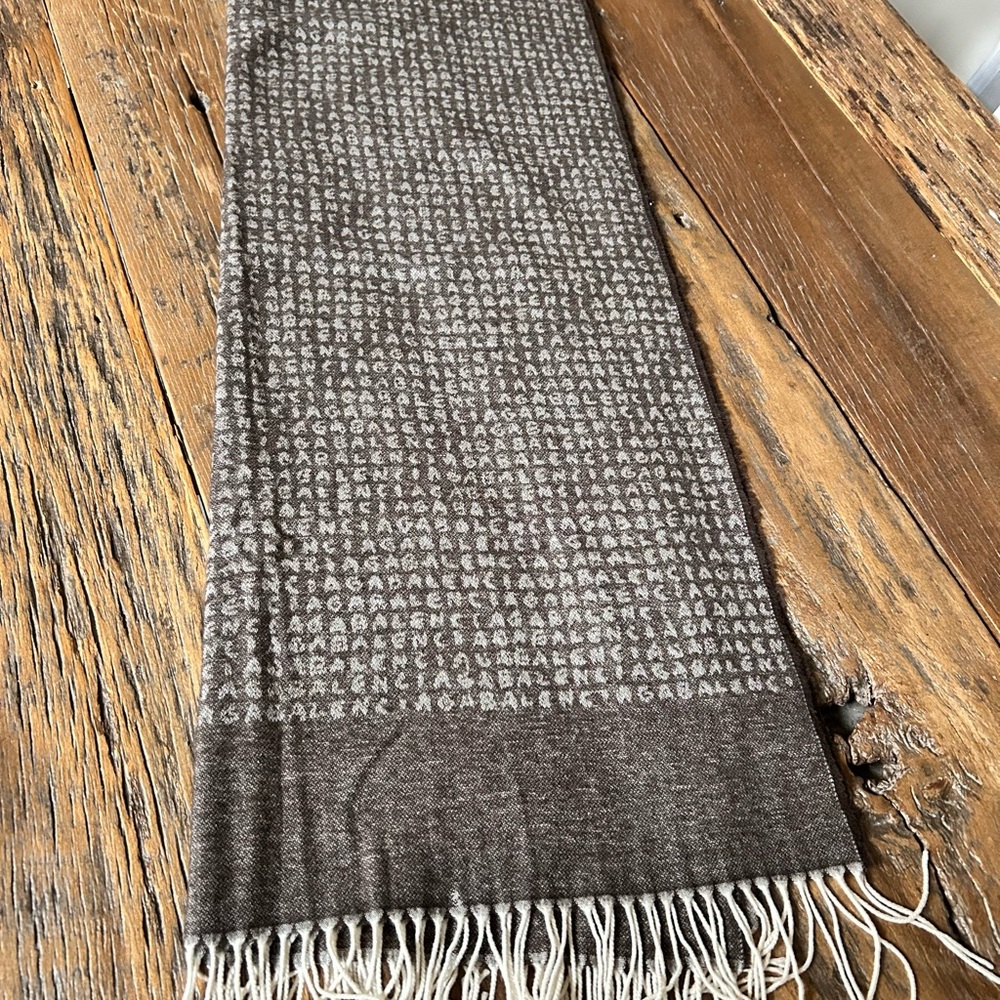 Balenciaga Charcoal and Cream Logo Scarf, 100% cashmere. 72X27 inches unfolded.